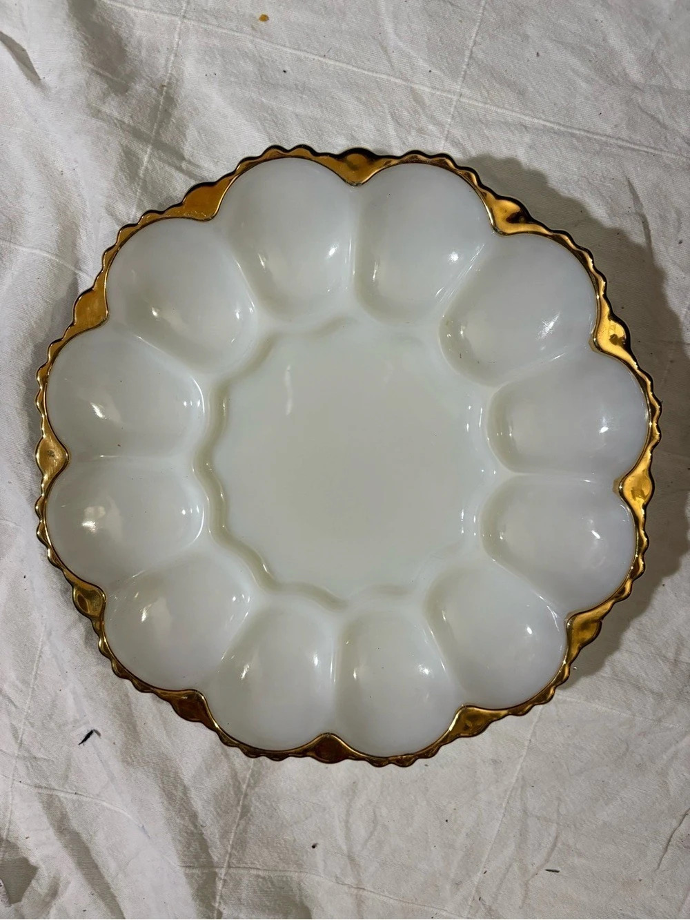 Anchor Hocking Fire-King Milk Glass Deviled Egg Plate with Gold Trim Deviled Egg